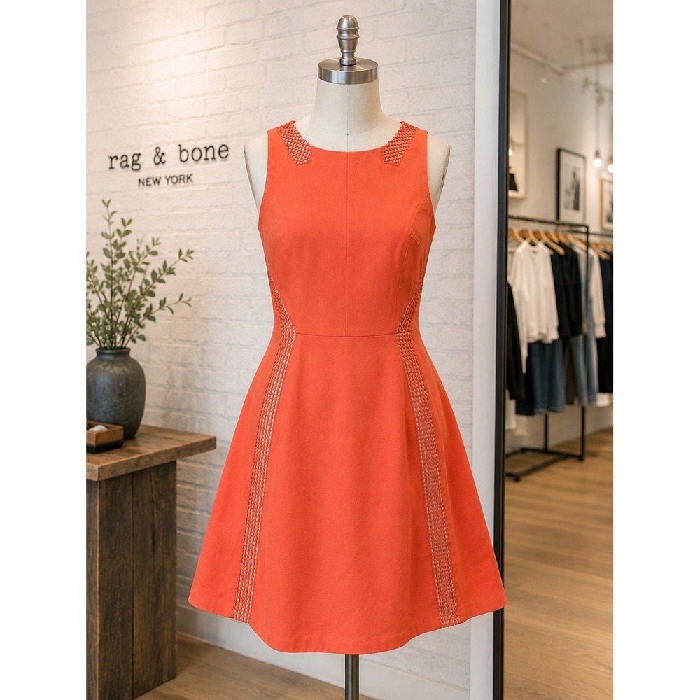 Rag & Bone Orange A-Line Dress Size 10  Cotton Blend Fit & Flare Open Knit